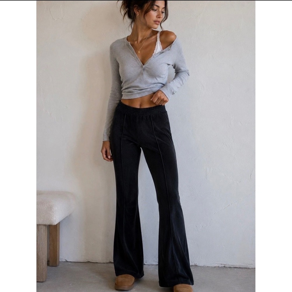 Aerie Ribbed Velvet Flare Pull On Pants L Wide Leg Lounge Boho